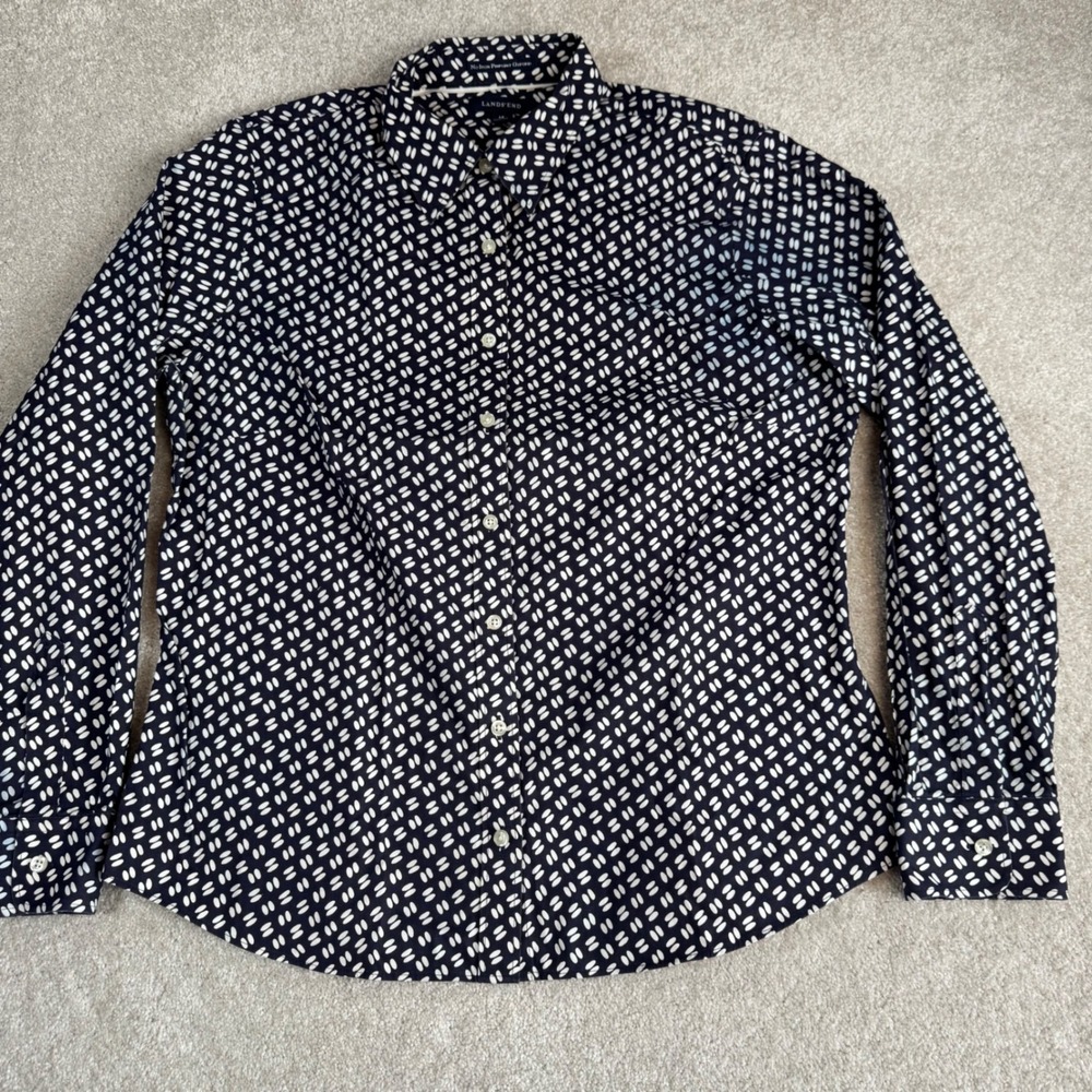 Lands End Womens 14 Navy Blue White No Iron Pinpoint Oxford Button Down Shirt